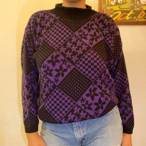 Vintage Black and Purple Argyle Checked Sweater With Dots and Flowers